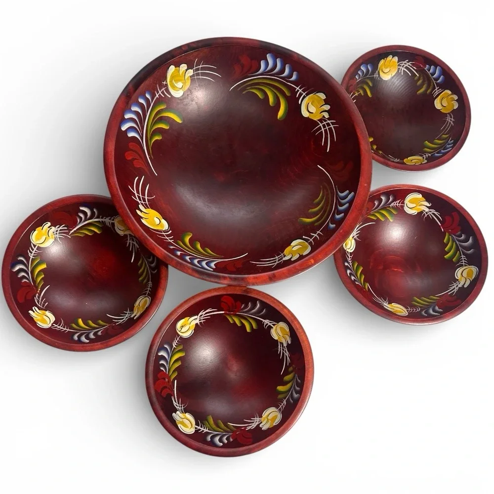Vintage Woodcraftery Bowls Pennsylvania Dutch Hand Painted 5 Piece Salad Set